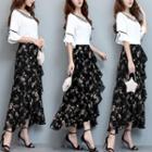Floral Print Midi Skirt / Elbow-sleeve Contrast Trim Top