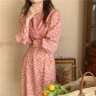 Long-sleeve Floral Drawstring Dress Pink - One Size