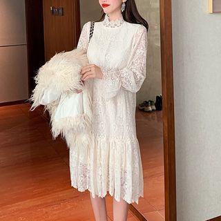 Mock-turtleneck Bell-sleeve Midi Lace Dress