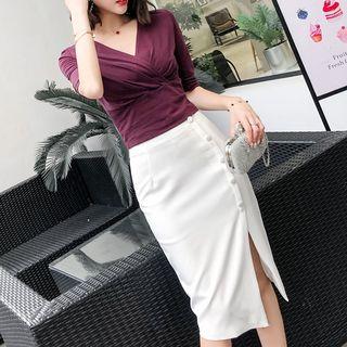 Set: Elbow-sleeve V-neck Top + Slit Pencil Skirt