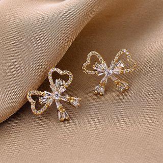 Rhinestone Bow Stud Earring Qr-189 - 1 Pr - Gold - One Size