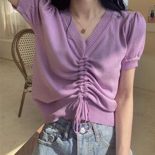 Short-sleeve Drawstring Knit Blouse