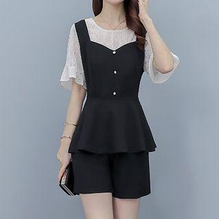 Set: Short-sleeve Mock Two-piece Ruffle Hem Top + Shorts