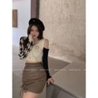 Color Block Cardigan / Faux Leather A-line Skirt