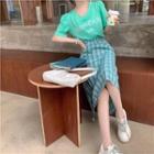 Short-sleeve Lettering T-shirt / Plaid Irregular Midi A-line Skirt