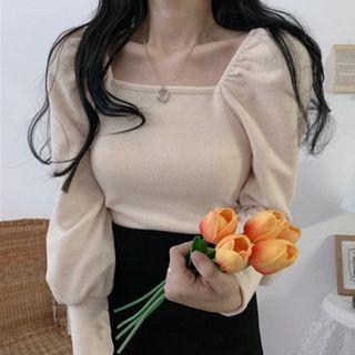Square-neck Ruched Plain T-shirt