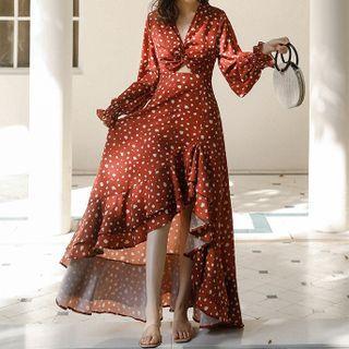 V-neck Ruffle Hem Maxi A-line Dress