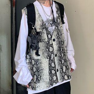 Snake Print Sleeveless Button Jacket As Shown In Figure - One Size