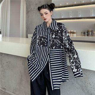 Long-sleeve Striped Print Panel Shirt Black - One Size
