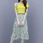 Set: Cold Shoulder Short-sleeve T-shirt + Leaf Print A-line Skirt