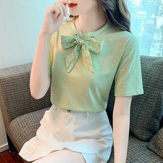 Short-sleeve Floral Print Bow T-shirt
