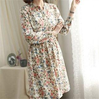 Mandarin-collar Floral Midi Shirtdress