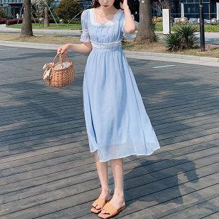 Short Sleeve Lace Trim Square Neck Plain A-line Dress