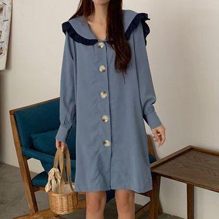 Plain Single-breasted Long-sleeve Collared Dress