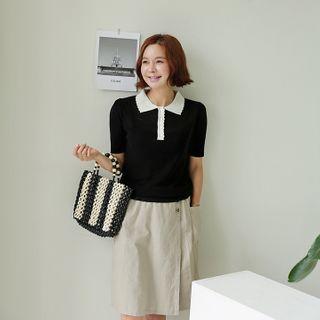 Wooden-bead Hand Bag With Pouch Black - One Size