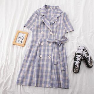 Double-breasted Short-sleeve Plaid Mini A-line Dress
