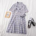 Double-breasted Short-sleeve Plaid Mini A-line Dress