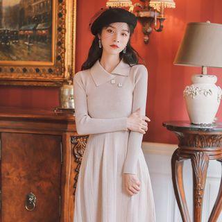 Long-sleeve Midi A-line Knit Dress Almond - One Size