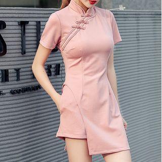 Set: Mandarin Collar Slit Top + Shorts