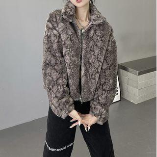 Snake Print Fluffy Zip-up Jacket