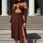 Long-sleeve Off-shoulder Cutout Midi A-line Dress
