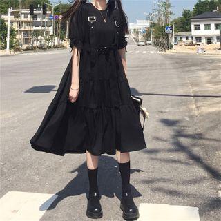 Short-sleeve Tiered Midi A-line Dress Black - One Size