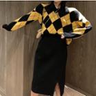 Argyle Pattern Sweater / Straight-fit Knit Skirt