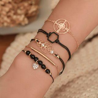 Set Of 5: Beaded Bracelet + Rhinestone Bracelet + Layered Bracelet Set Of 5 - 01 - 11087 - Gold - One Size