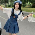 Short-sleeve Cartoon Print T-shirt / Pleated Denim Mini Overall Dress