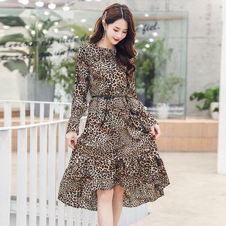 Long-sleeve Printed Dip Back Chiffon Dress