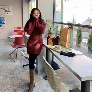 Balloon-sleeve Ribbed Knit Minidress