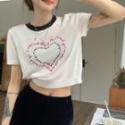 Short-sleeve Heart Printed Crop T-shirt White - One Size