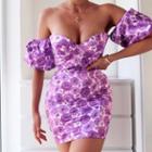 Floral Print Off-shoulder Puff-sleeve Mini Sheath Dress