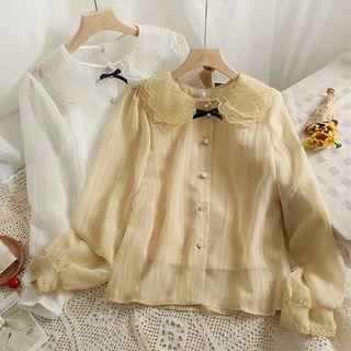 Set: Ribbon-accent Mesh-collar Chiffon Shirt + Camisole