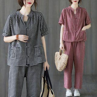 Set: Gingham Short-sleeve Blouse + Straight-cut Pants