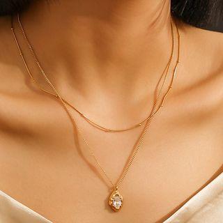 Rhinestone Pendant Alloy Necklace Gold & White - One Size