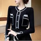 Contrasted Ruffled-trim Button-up Crop Knit Top Black - One Size