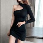 Long-sleeve One-shoulder Mini Bodycon Dress Black - One Size
