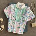 Short-sleeve Ruffle Trim Floral Cropped Blouse Flower - Pink & Blue - One Size