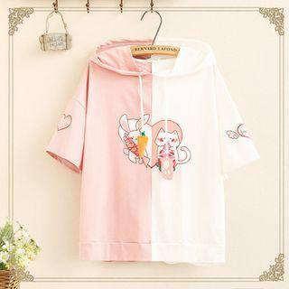 Cat & Rabbit Print Color Block Short Sleeve Hoodie