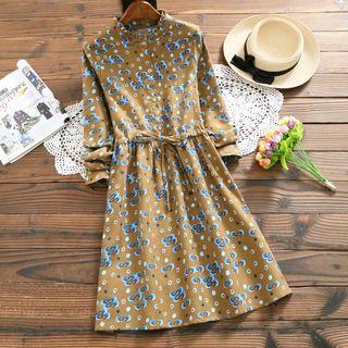 Frilled Trim Stand Collar Print Dress