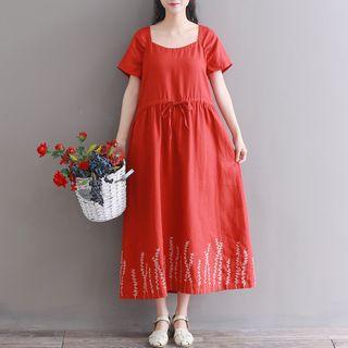 Embroidered Short-sleeve A-line Maxi Dress