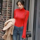 Mock-neck Lettuce-edge Slim-fit Top