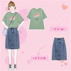 Printed Short-sleeve T-shirt / Denim Skirt
