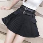 High-waist Plain Pleated Skirt With Belt