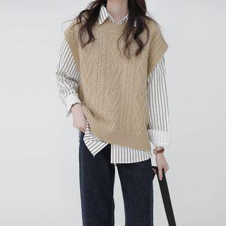 Round-neck Plain Ribbed Vest / Striped Oversize Shirt