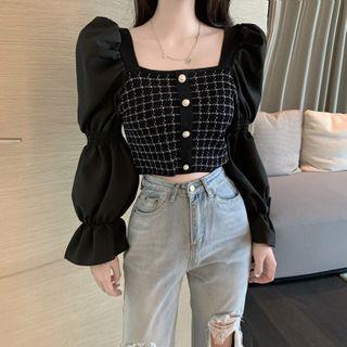 Puff Sleeve Tweed Panel Cropped Top