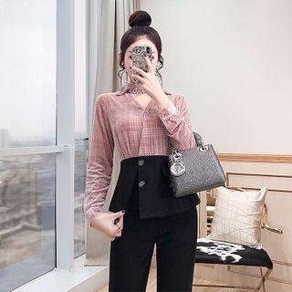 Set: Plaid Panel Buttoned Blouse + Dress Pants