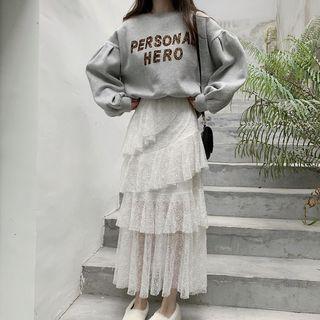 Lettering Pullover / Tiered Maxi Lace Skirt