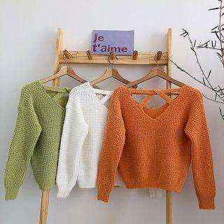 Plain Distressed Long-sleeve Sweater